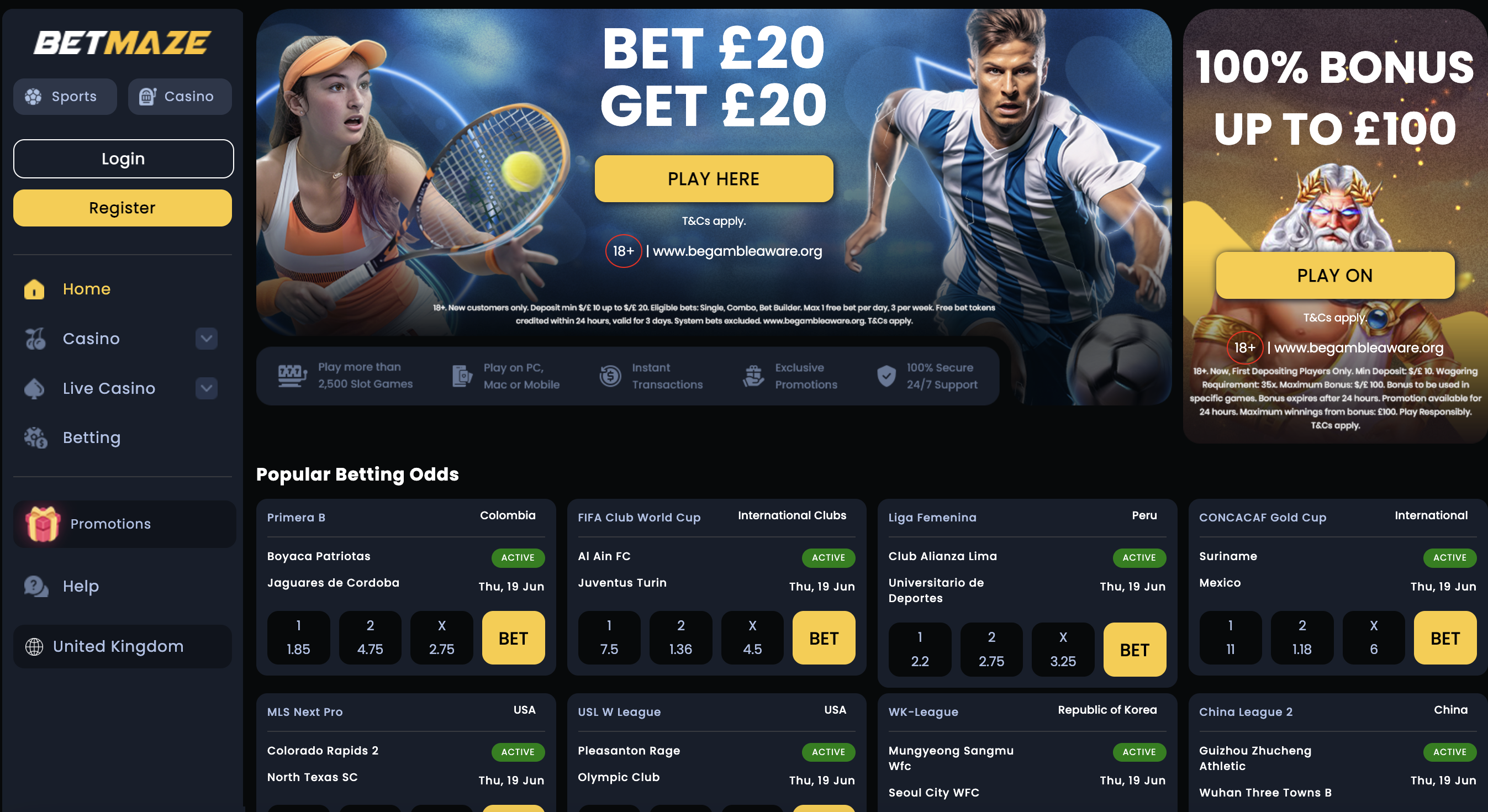 Screenshot of Betmaze homepage