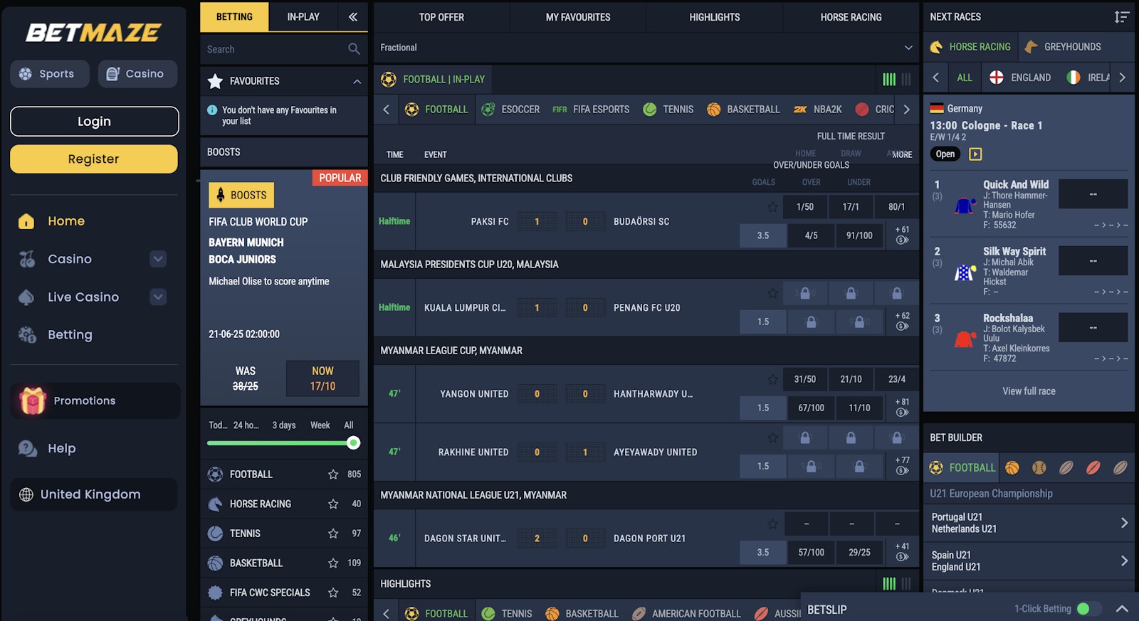 Screenshot of Betmaze sportsbook homepage