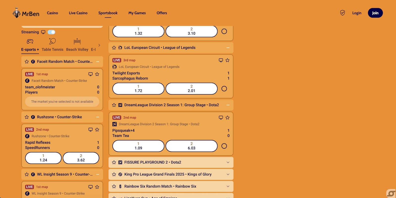 Screenshot of esports betting on Mr Ben