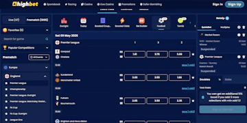 Screenshot of Highbet's homepage