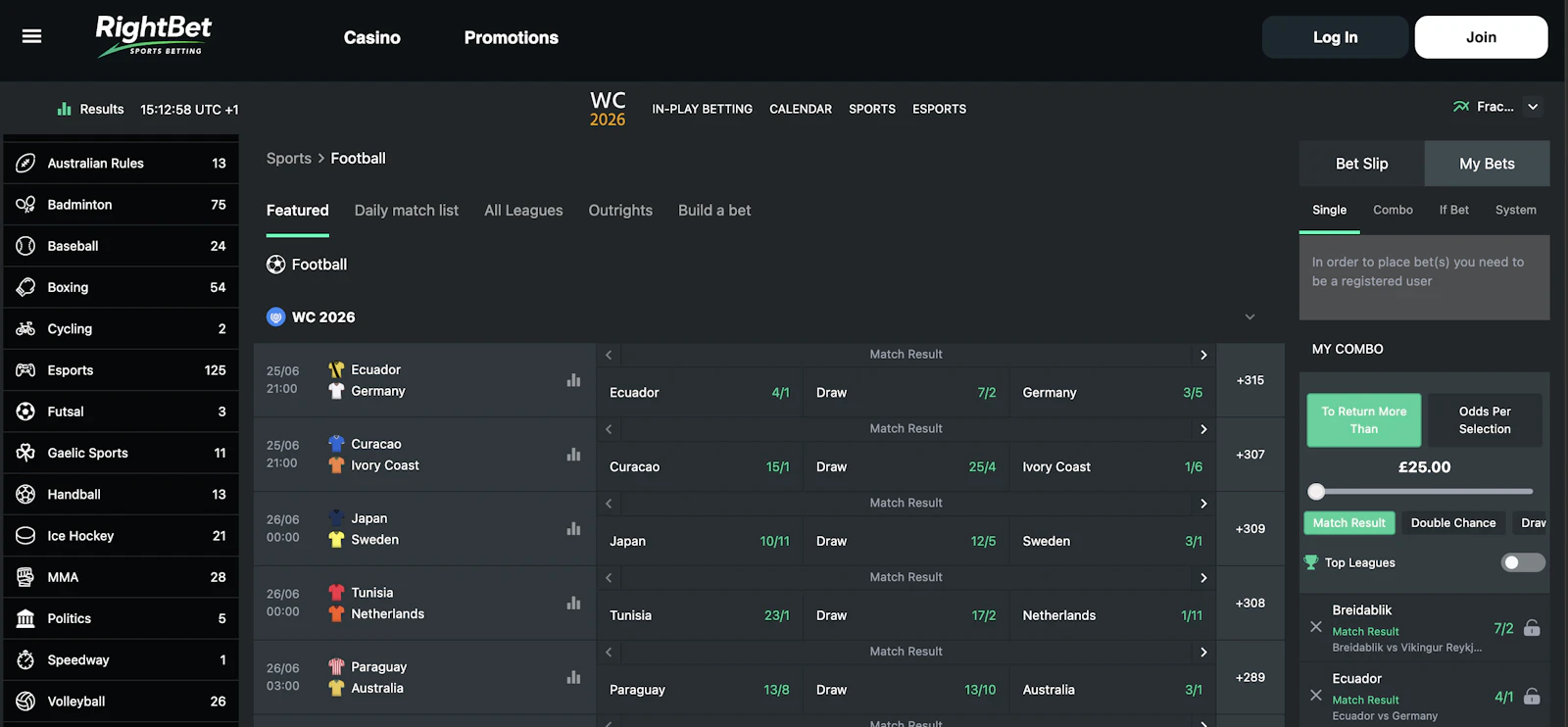 Screenshot of Righbet's homepage