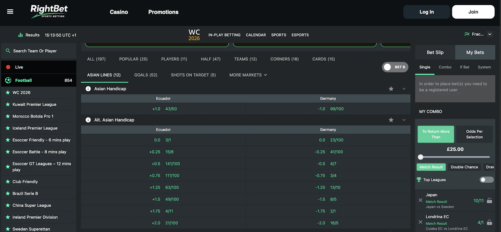 Screenshot of Rightbet's asian lines markets