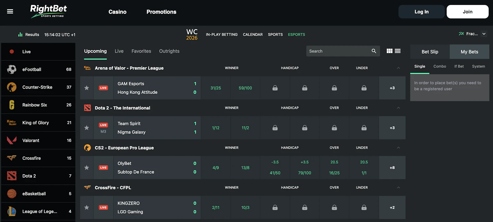 Screenshot of Rightbet's eSports markets