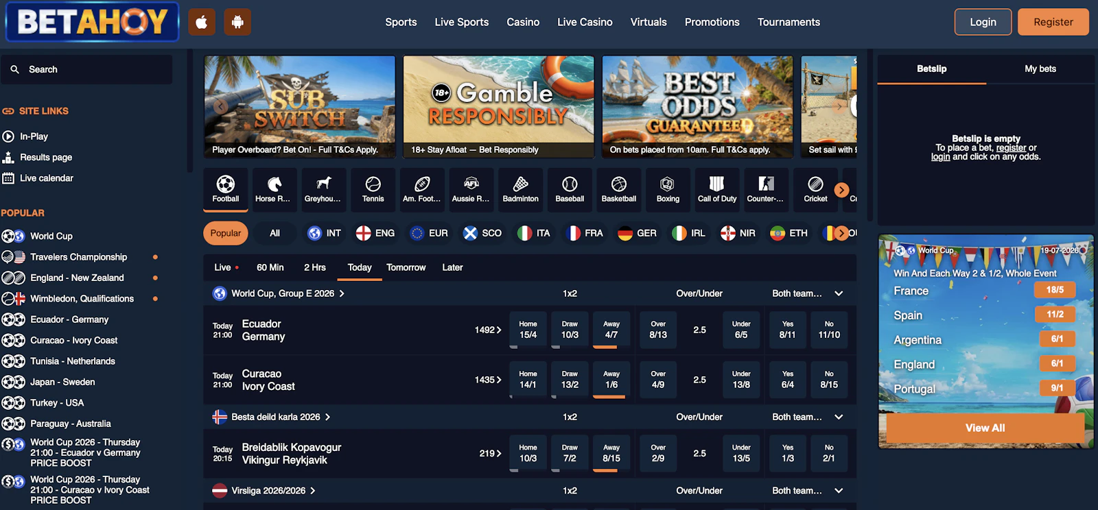 Screenshot of BetAhoy's homepage