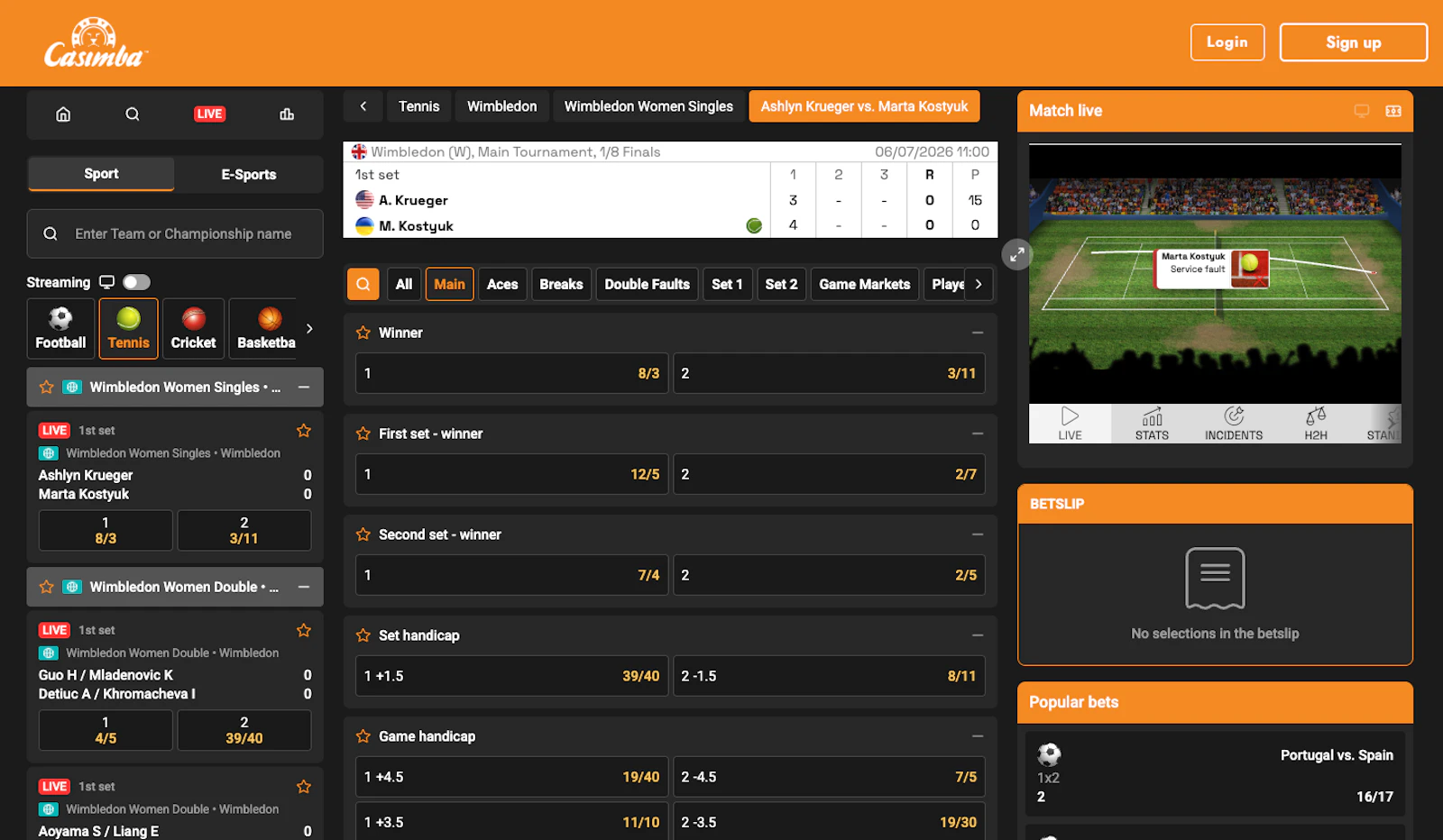 Screenshot of Casimba's in-play offering