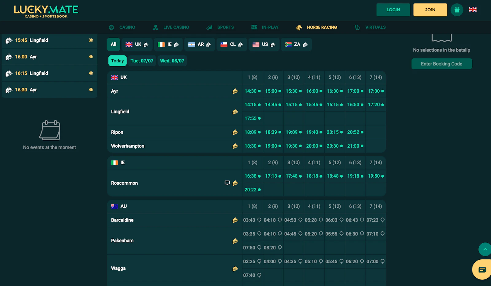 Screenshot of LuckyMate's horse racing offering