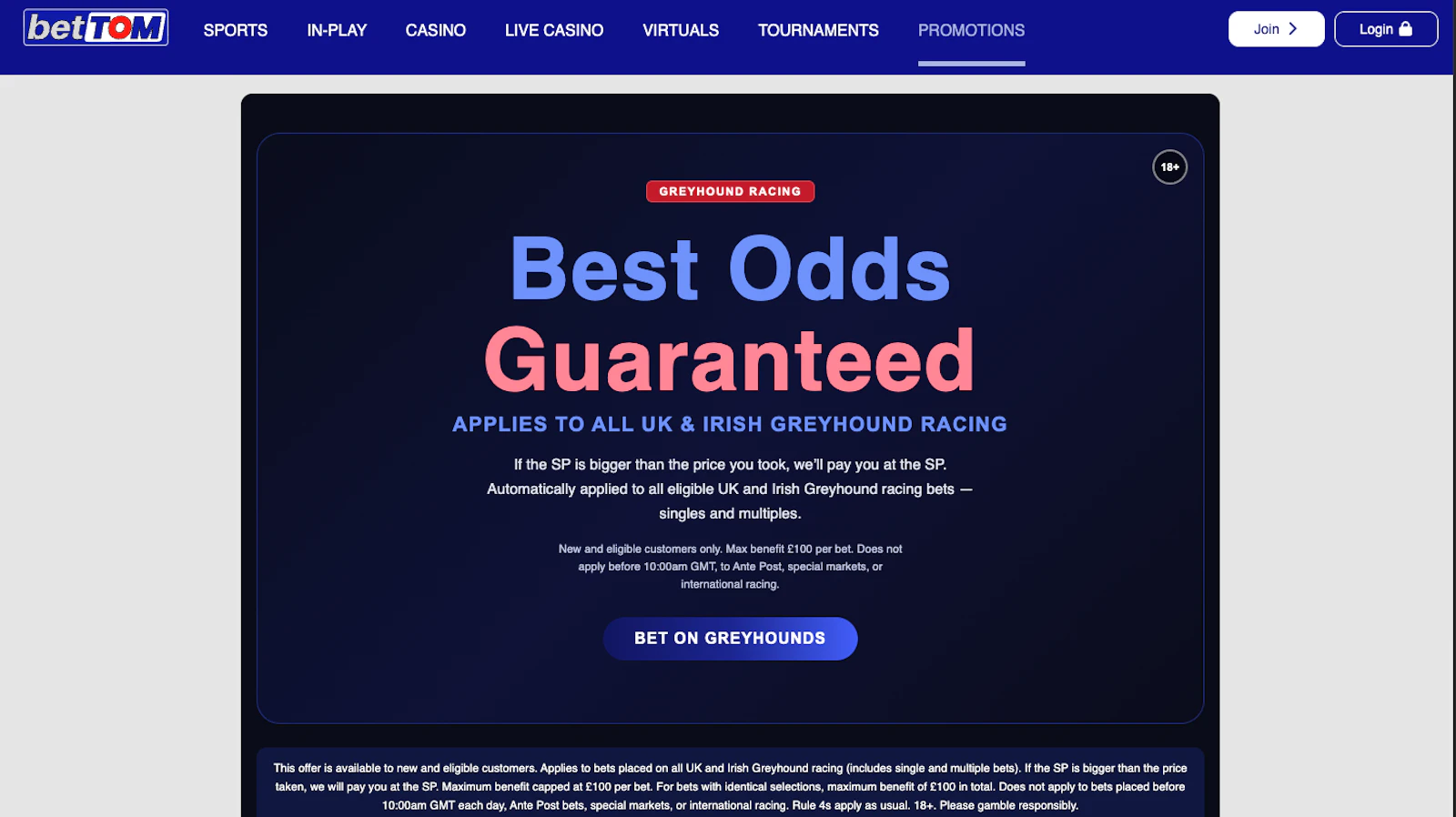 Screenshot of betTOM's best odds guaranteed promotion