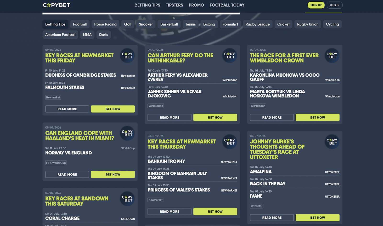 Screenshot of CopyBet's betting tips section