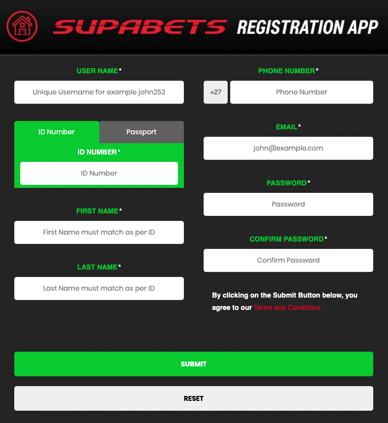 Supabets Sign up Personal Details