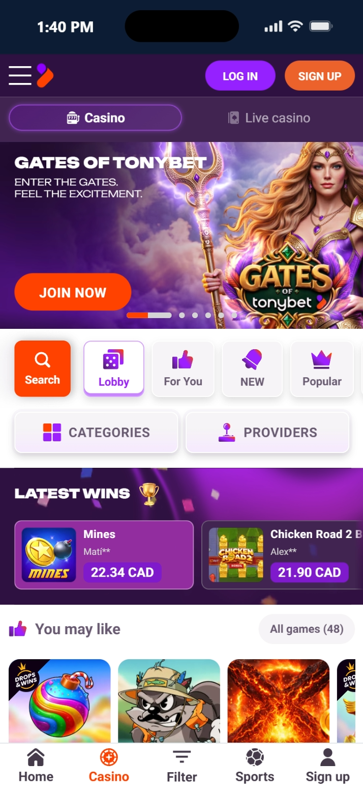 Tonybet homepage