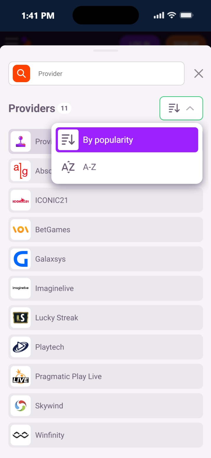Tonybet provider filter