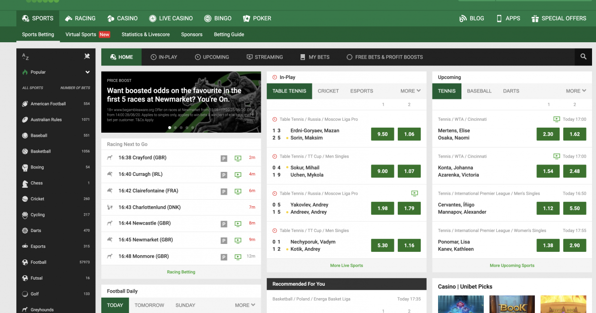 Unibet spillplattform skjermbilde som viser spillmeny og grensesnitt