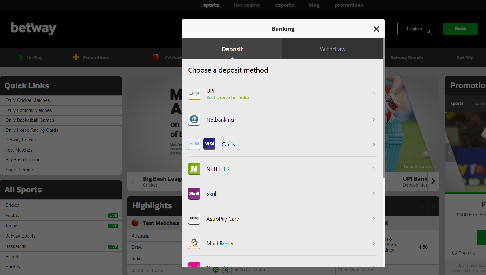 Betway deposit 1
