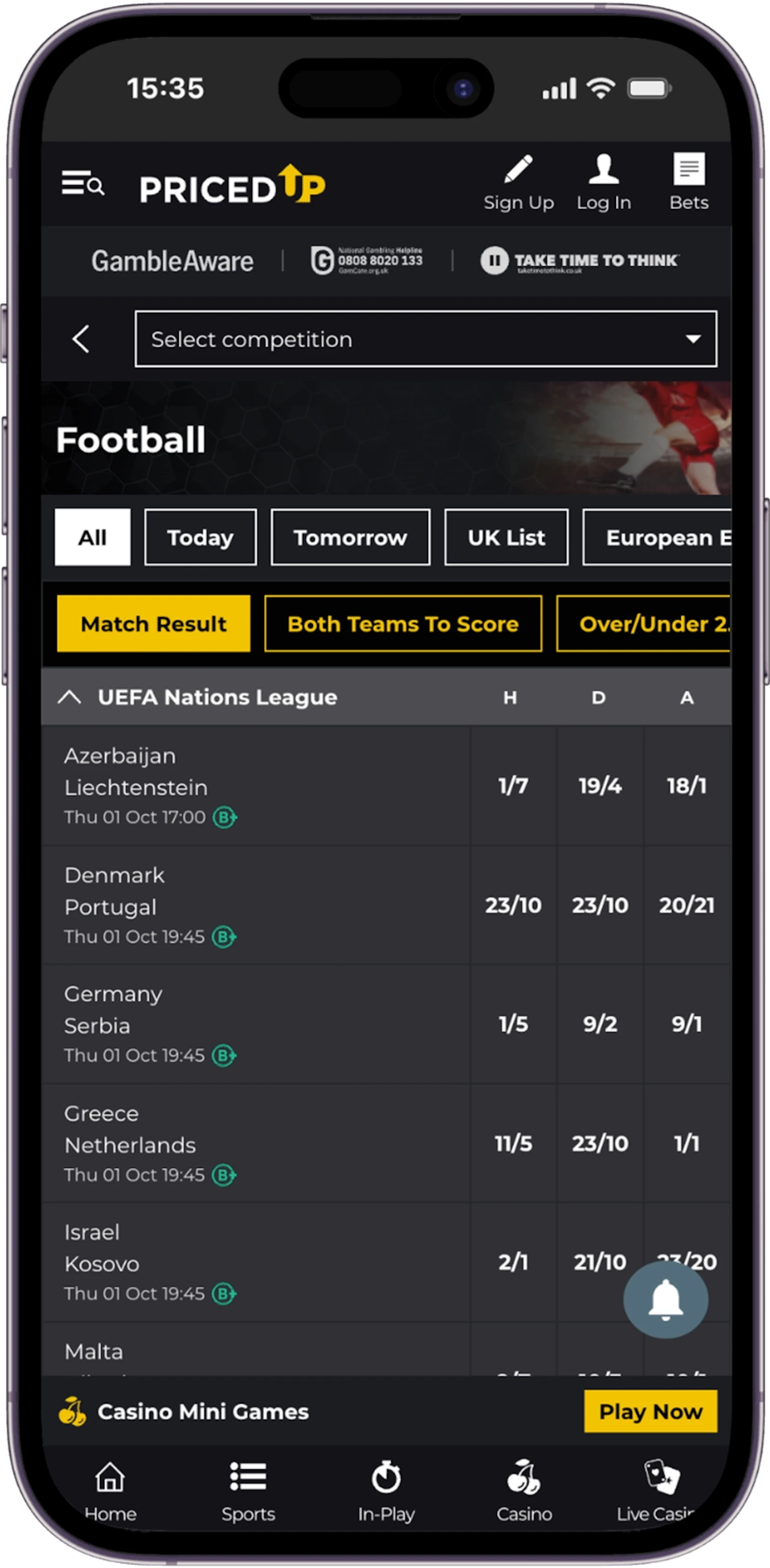 Screenshot of Priced Up Bet's football page