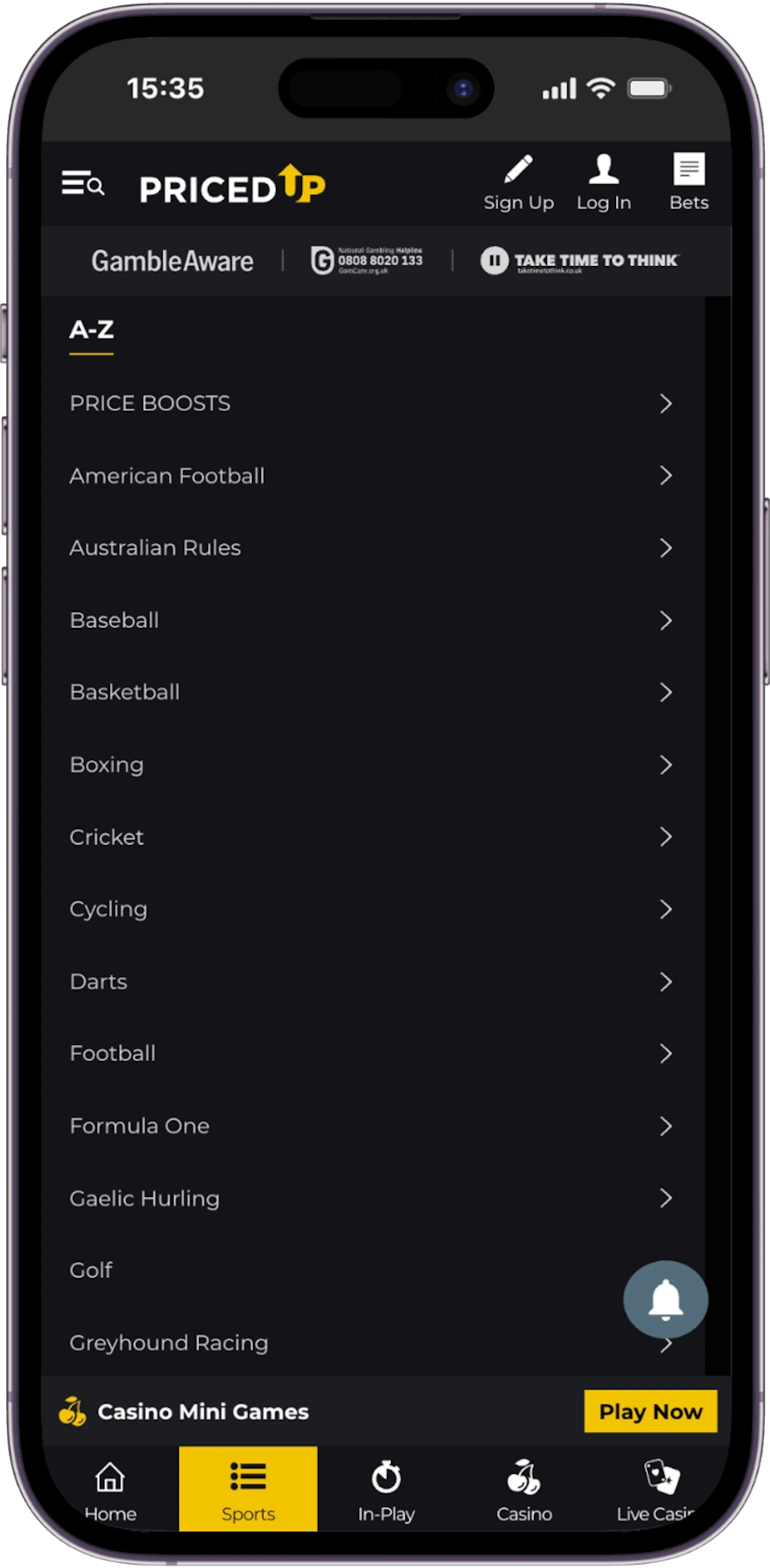 Screenshot of Priced Up Bet's menu