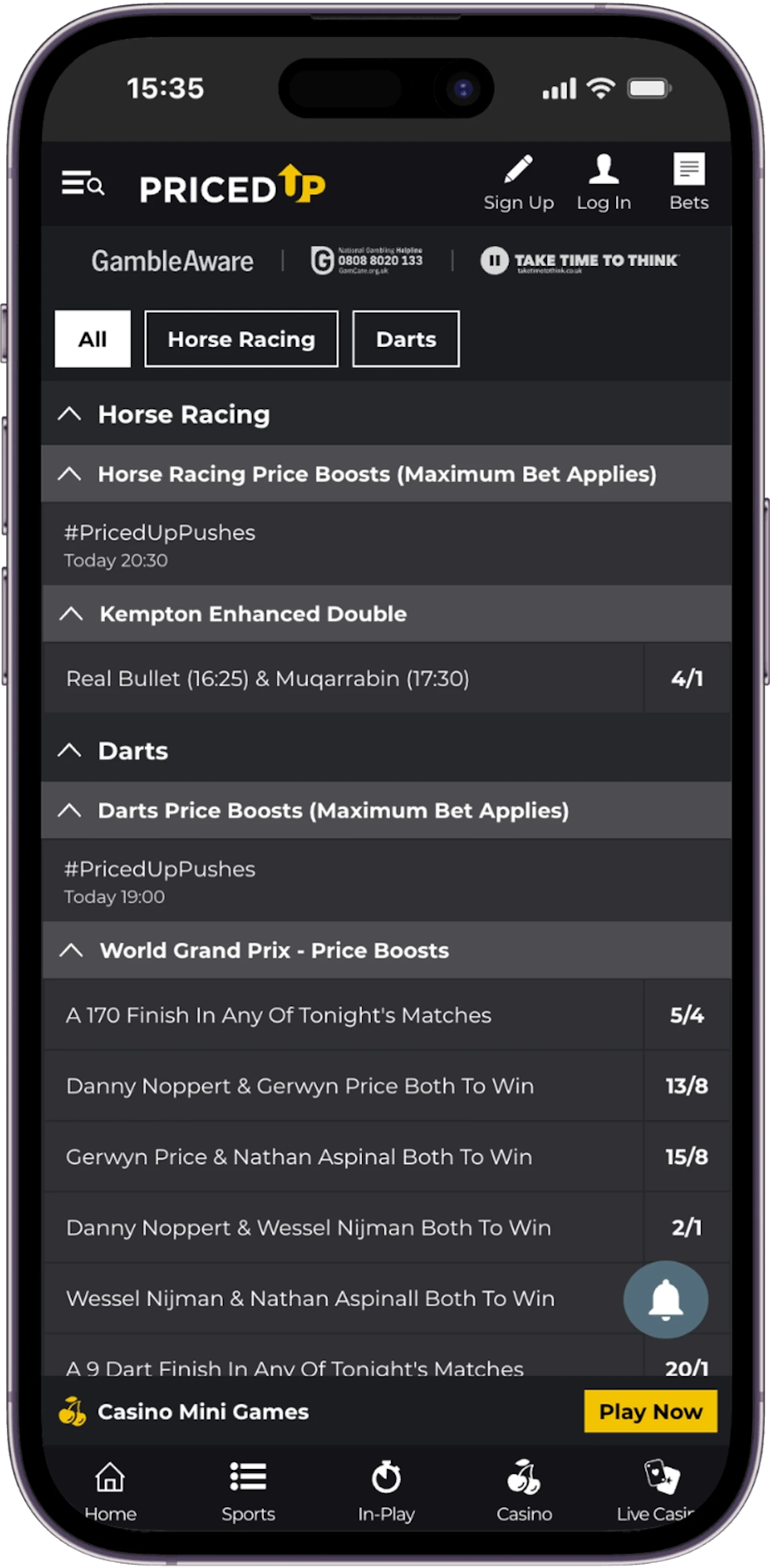 Screenshot of Priced Up Bet's Boosted Odds