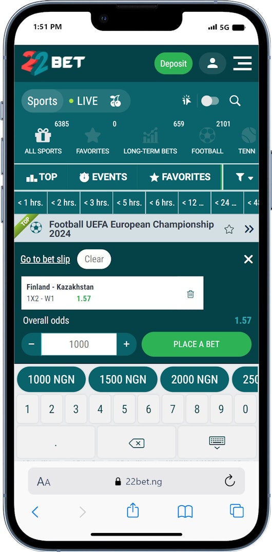 Place a bet on 22bet