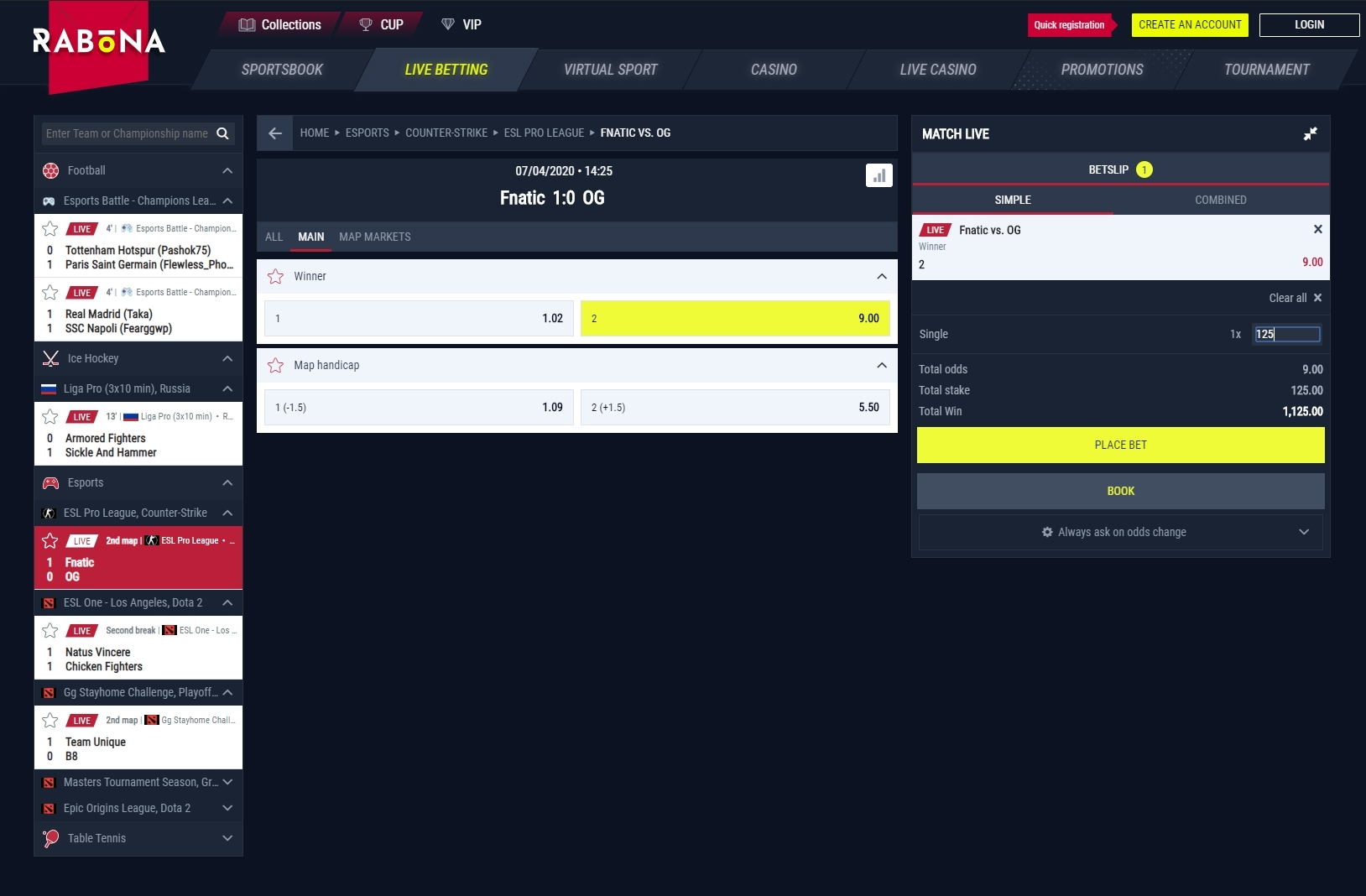 Rabona live betting in